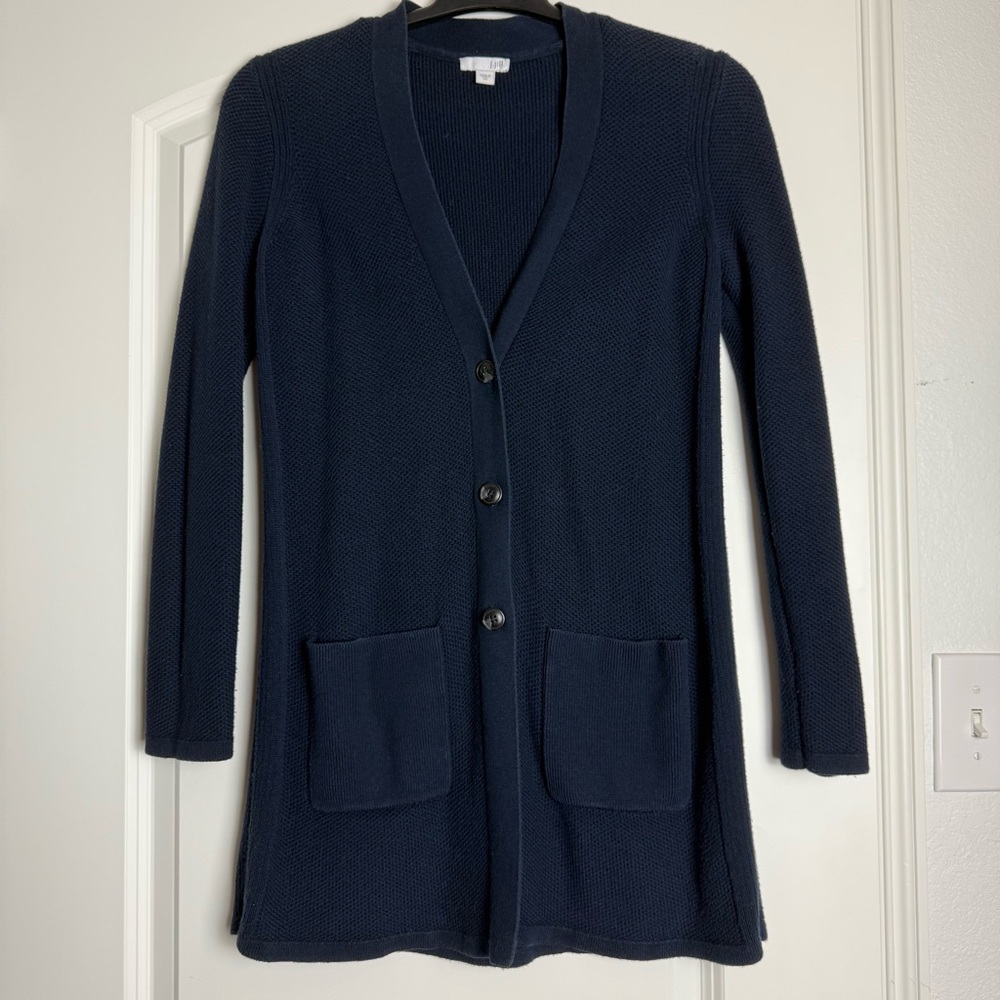 J.Jill Women Cotton Knit Navy Blue V-Neck Pockets Long Sleeve Button Cardigan XS